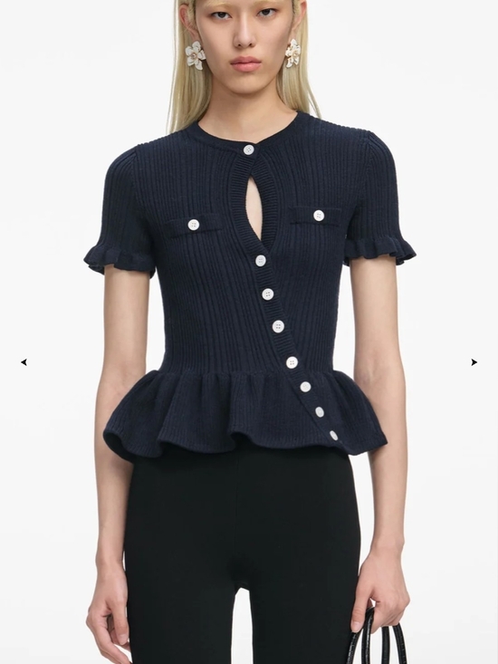 Self-Portrait Tops - Self-Portrait Navy Ribbed Peplum Top with White Buttons